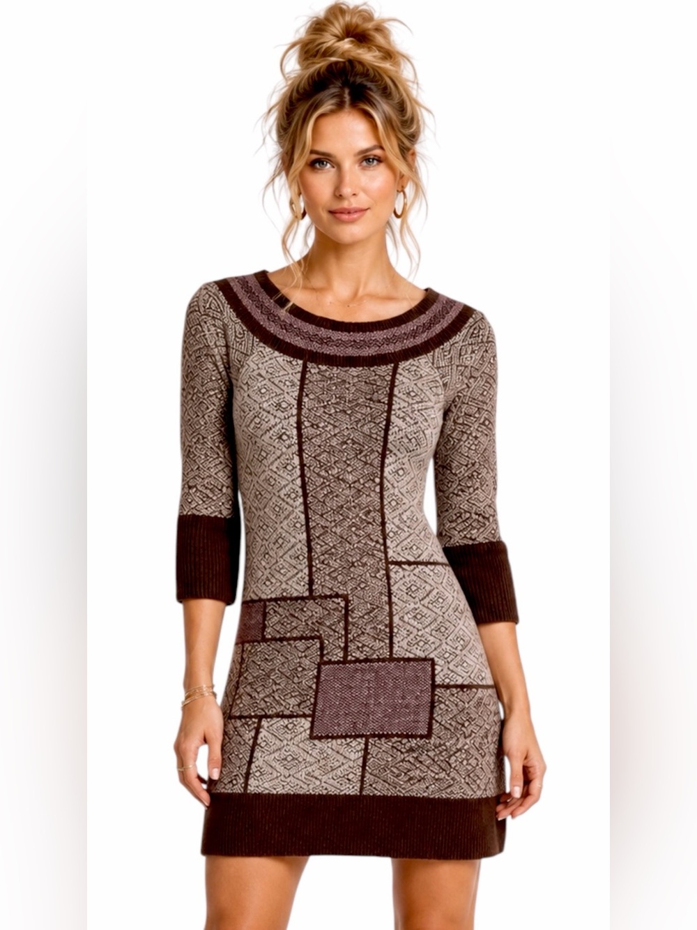 Free People – Patchwork Knit Sweater Tunic – Geometric – Brown Multi – Sz. L